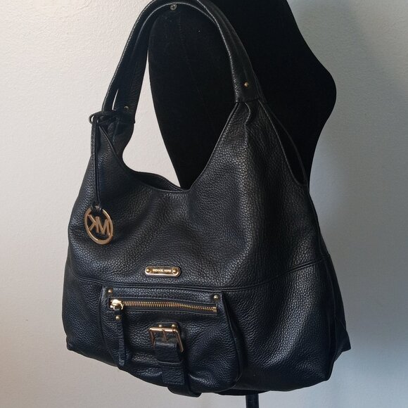 MICHAEL KORS "Austin" Black Pebbled Leather Hobo Shoulder Bag - Picture 1 of 16